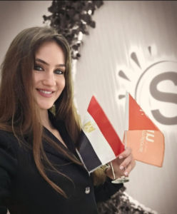 hire exhibition staff Professional event hostess holding promotional flags at an exhibition